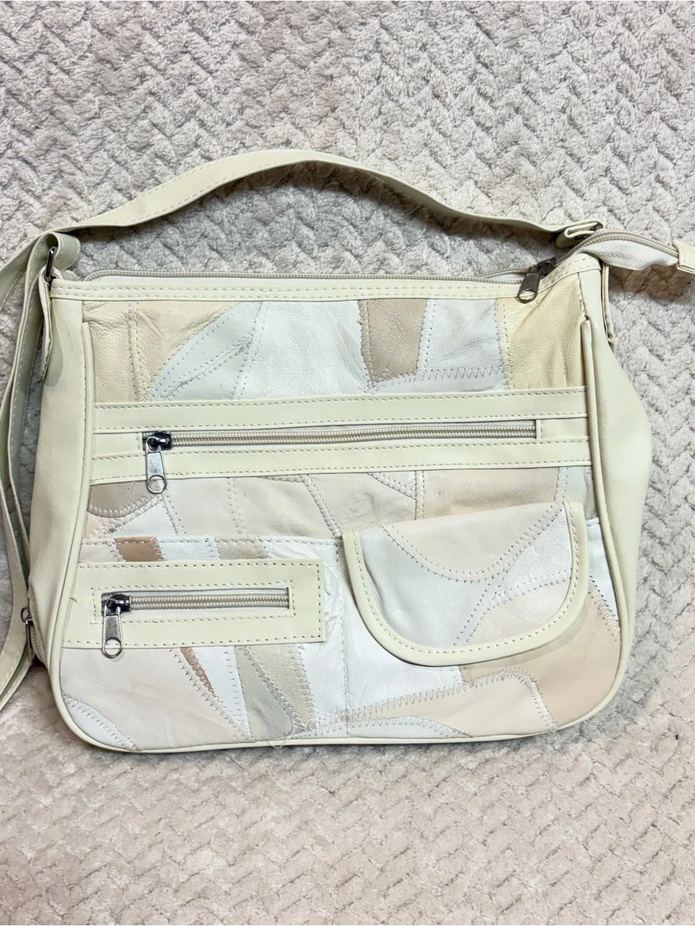 Vintage Patchwork Lambskin Leather Crossbody Bag Cream Beige Boho Y2K 90s